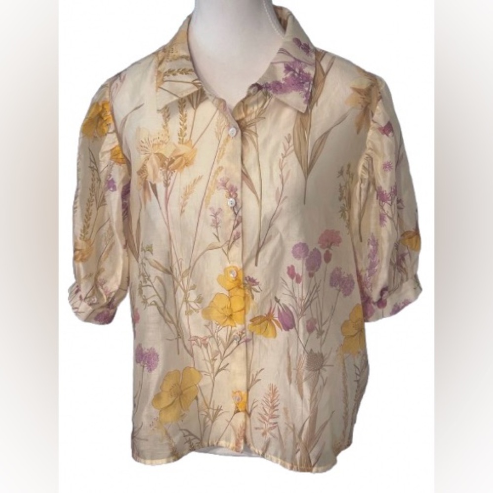 Puffy Sleeved Sheer Floral Bailey 44 Large Cream and Purple Floral Blouse Top